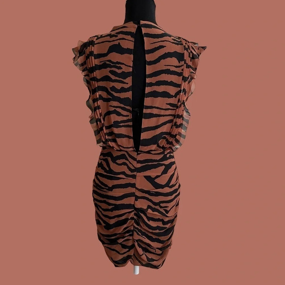 Allsaints US 6 Tiger Print Ruffle Accent Bodycon Dress Wedding Party All Saints - Picture 5 of 11